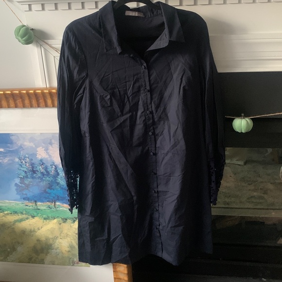 Lela Rose Womens Shirt Dress, navy‎ Blue sz 12 lace sleeves shirt classic luxury - Picture 11 of 15